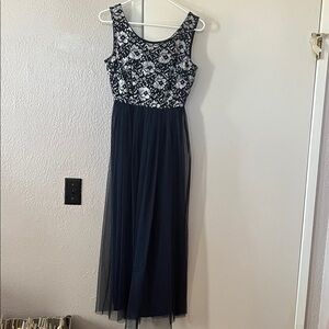 Elegant Navy Blue Sleeveless Dress with matching sheer cropped sweater